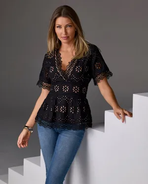 Exploded Eyelet Peplum Blouse Black