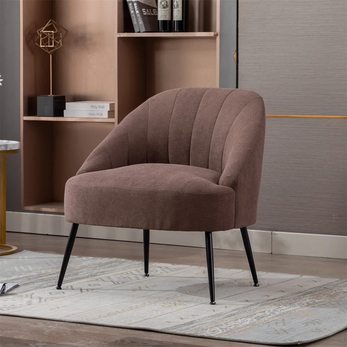 Fabric Accent Chair,Modern Cotton Linen Vanity Chair Side Chair with Black Metal Legs,Upholstered Tufted Single Sofa Chair Leisure Reading Chair Dining Chair for Living Room Office Apartment,Coffee