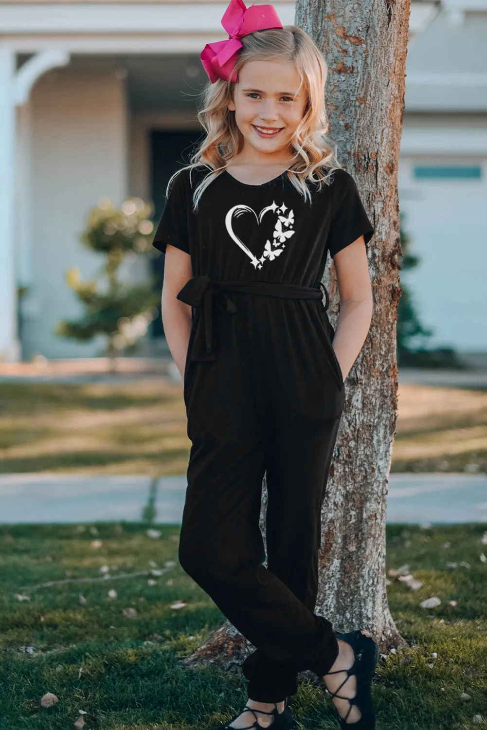 Family Matching Butterfly Heart Print Belted Short Sleeve Girl's Jumpsuit