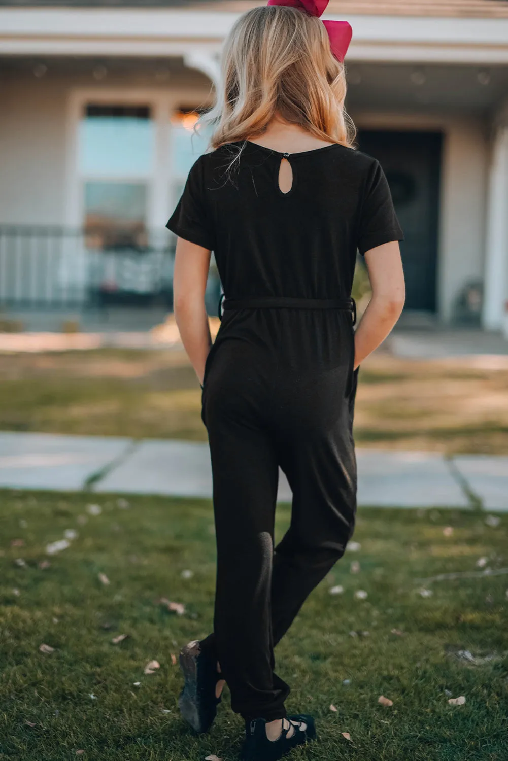 Family Matching Butterfly Heart Print Belted Short Sleeve Girl's Jumpsuit