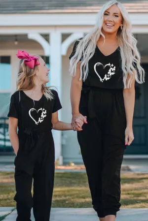 Family Matching Butterfly Heart Print Belted Short Sleeve Girl's Jumpsuit