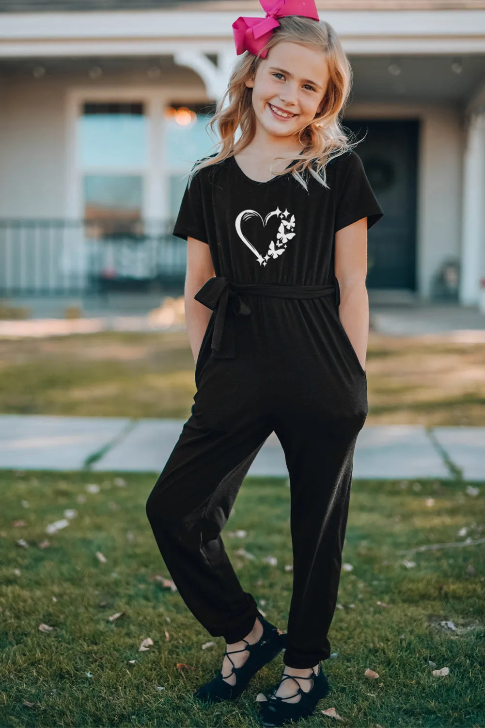 Family Matching Butterfly Heart Print Belted Short Sleeve Girl's Jumpsuit