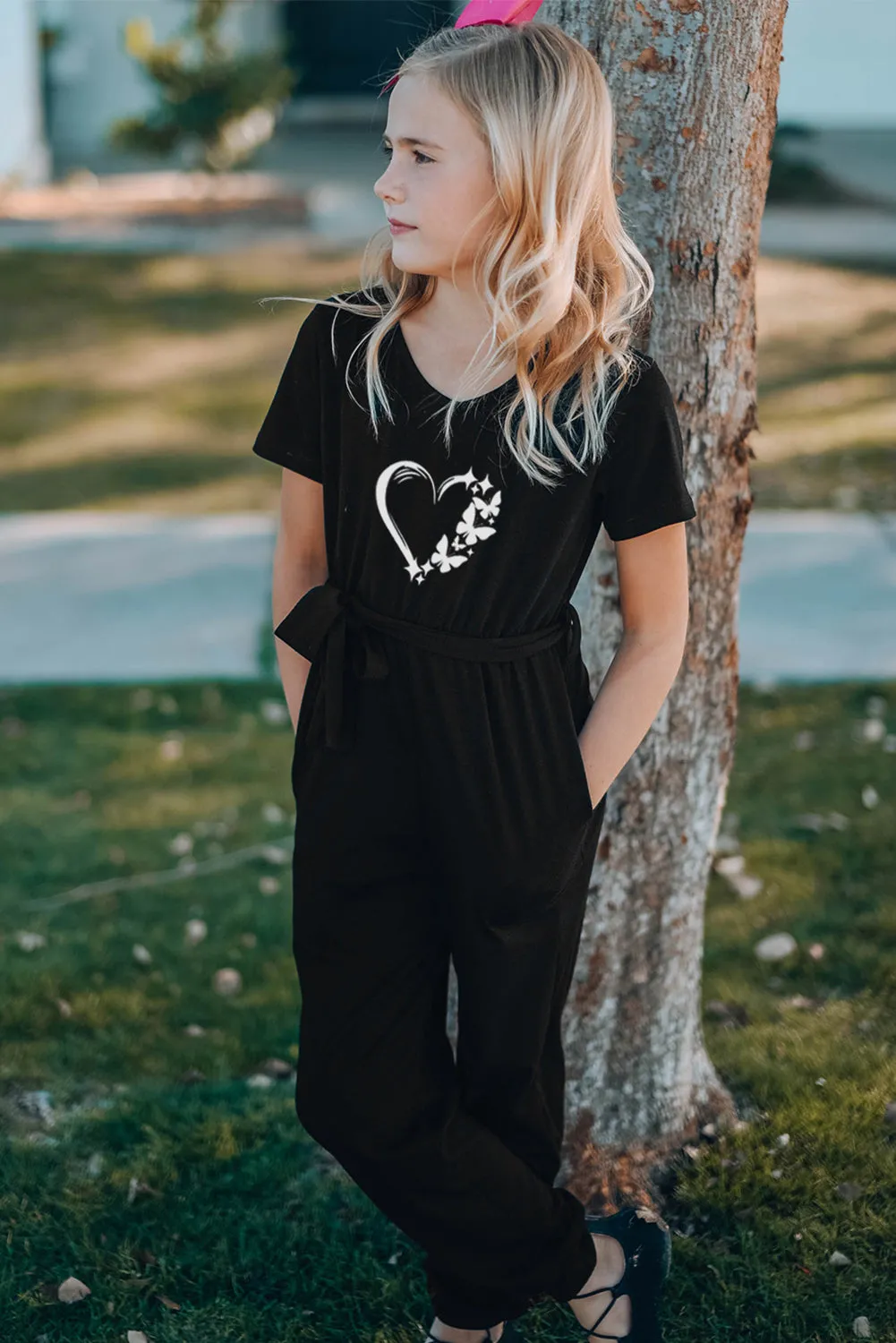 Family Matching Butterfly Heart Print Belted Short Sleeve Girl's Jumpsuit