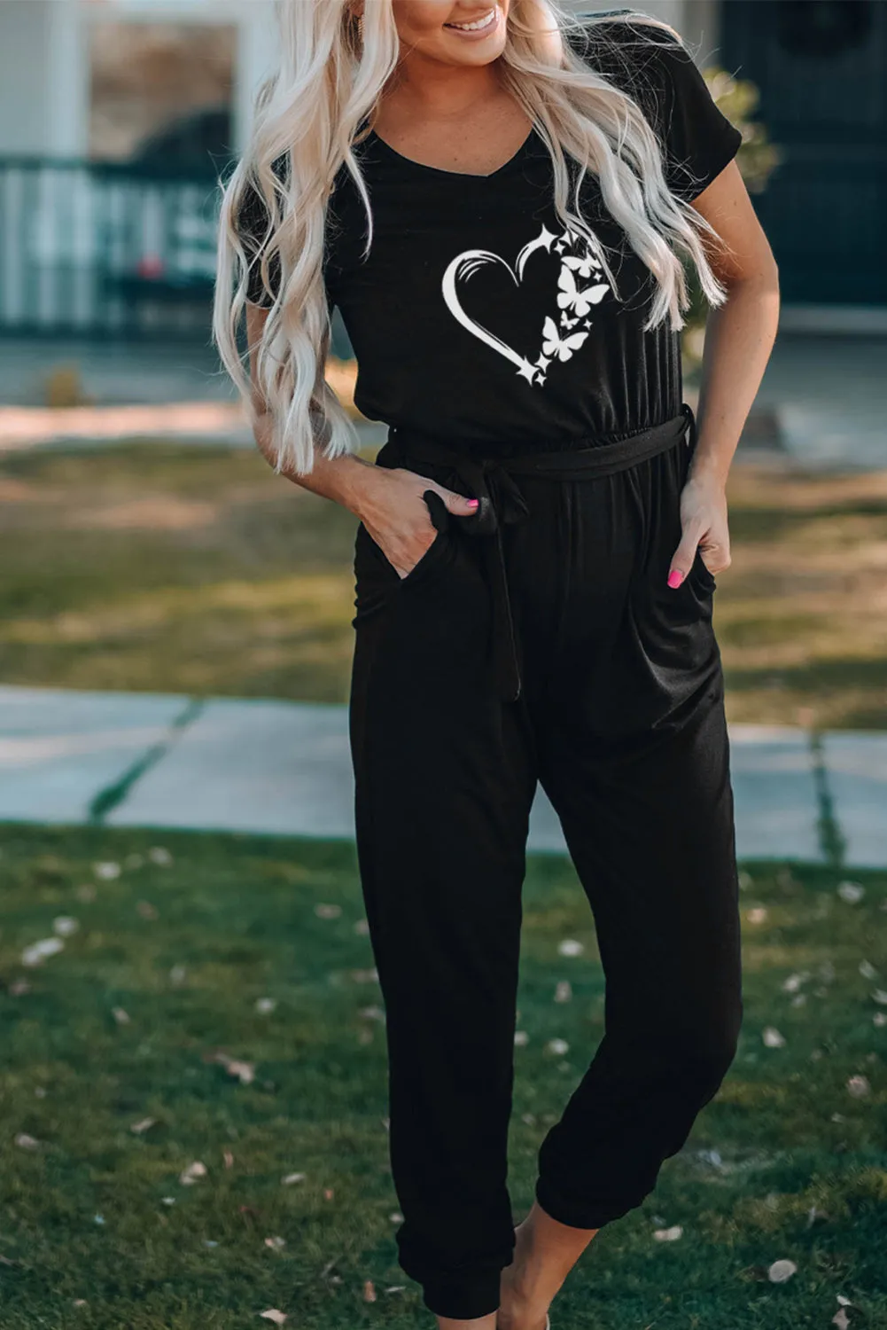 Family Matching Butterfly Heart Print Belted Short Sleeve Jumpsuit