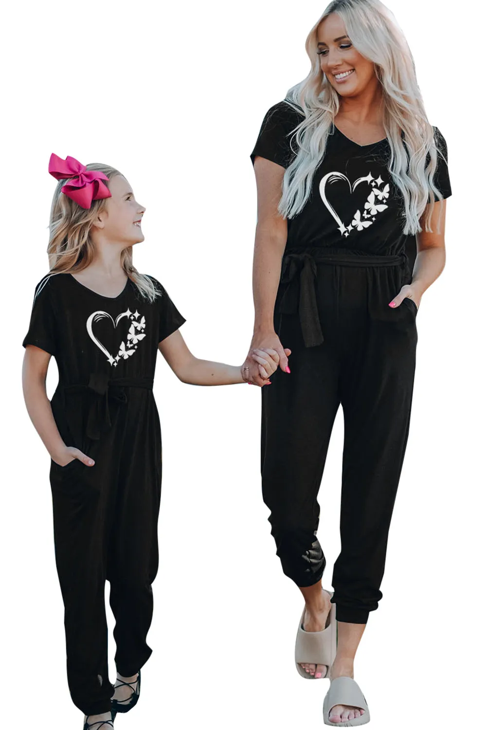 Family Matching Butterfly Heart Print Belted Short Sleeve Jumpsuit