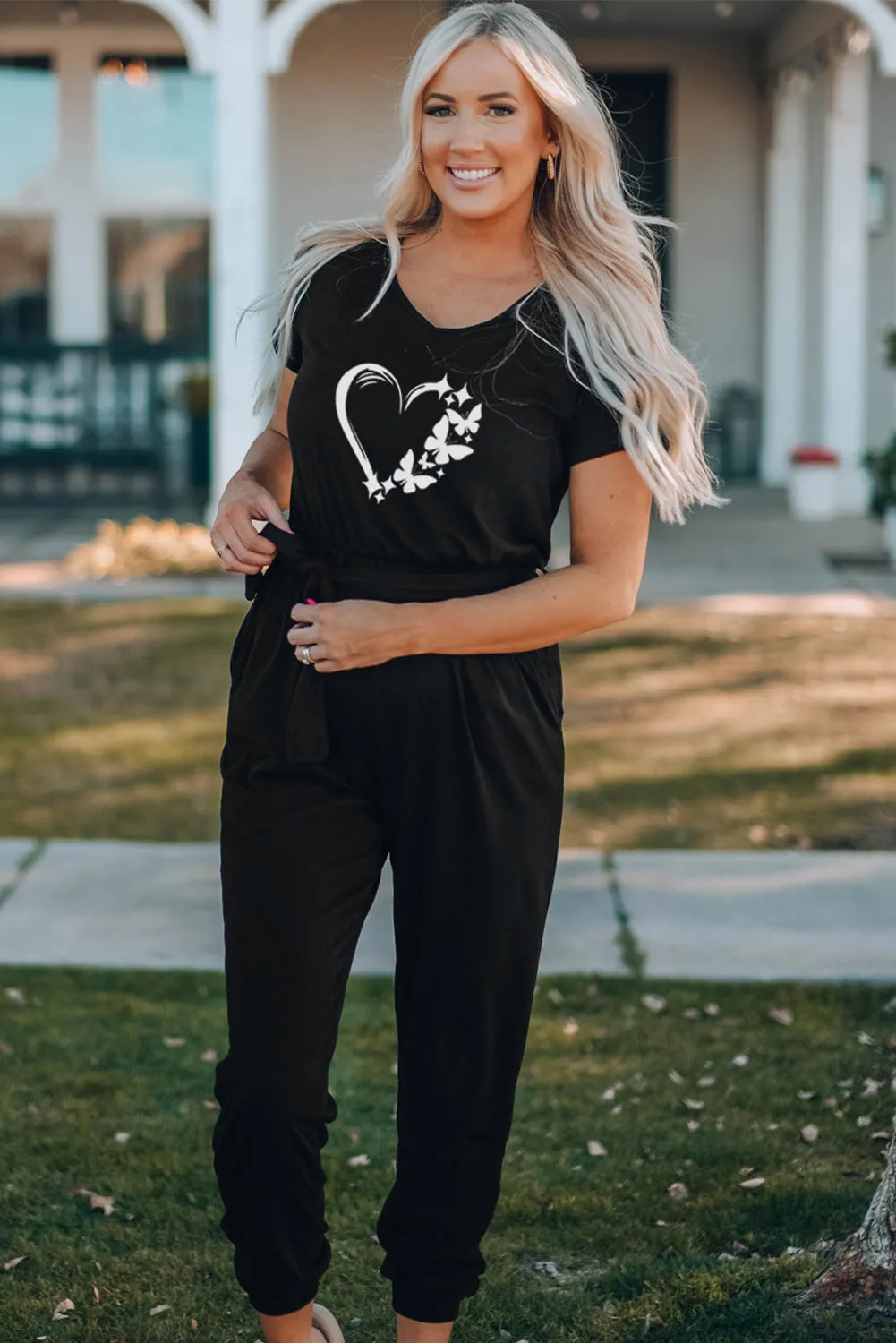Family Matching Butterfly Heart Print Belted Short Sleeve Jumpsuit