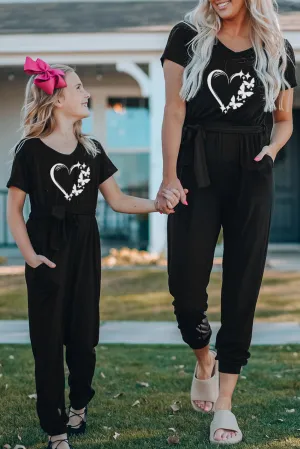 Family Matching Butterfly Heart Print Belted Short Sleeve Jumpsuit