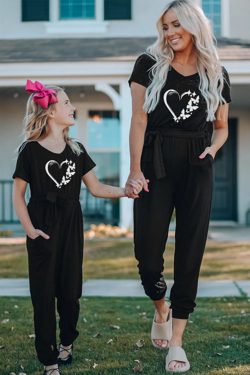 Family Matching Butterfly Heart Print Belted Short Sleeve Jumpsuit