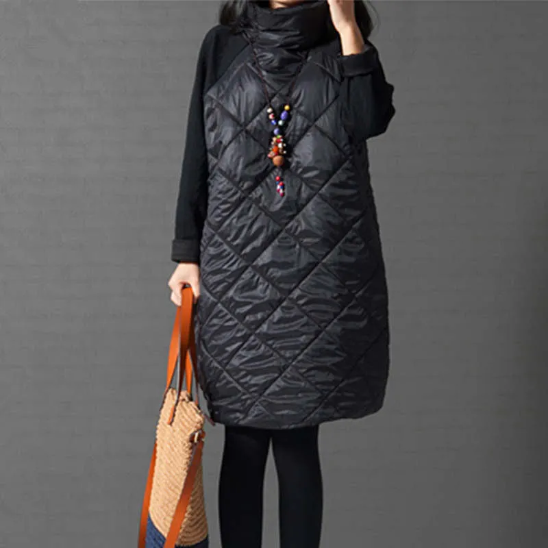 Fashion Autumn Loose Straight Dress Patchwork Black Ropa Mujer Turtleneck Down Female Vestidos Tunic Winter Dresses