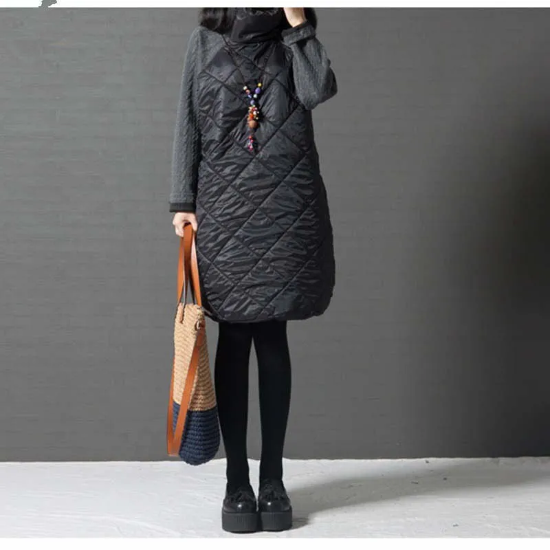 Fashion Autumn Loose Straight Dress Patchwork Black Ropa Mujer Turtleneck Down Female Vestidos Tunic Winter Dresses