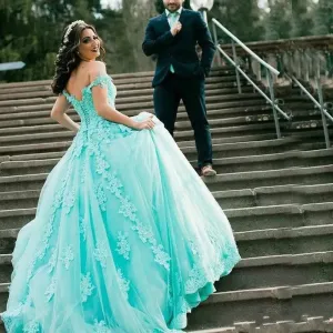Fashion Masquerade Ball Gown Quinceanera Dresses With Pearls Tulle Off The Shoulder Sweep Train Unique Wedding Bridal Gowns