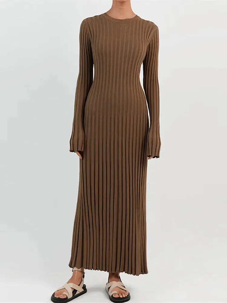 Fashion Solid Knitted Flare Long Sleeve Slim Dress