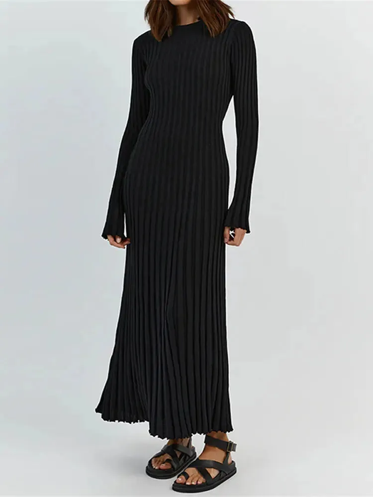 Fashion Solid Knitted Flare Long Sleeve Slim Dress