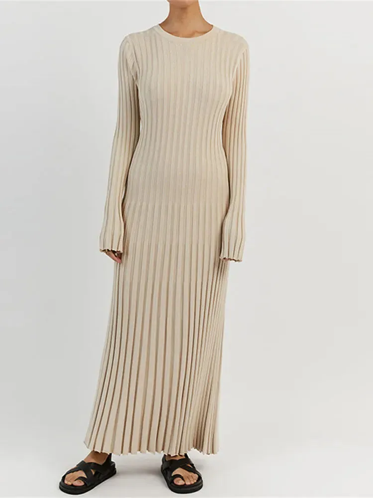 Fashion Solid Knitted Flare Long Sleeve Slim Dress