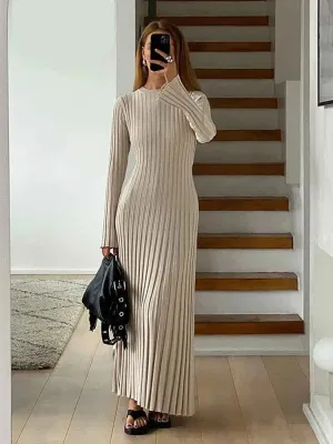 Fashion Solid Knitted Flare Long Sleeve Slim Dress