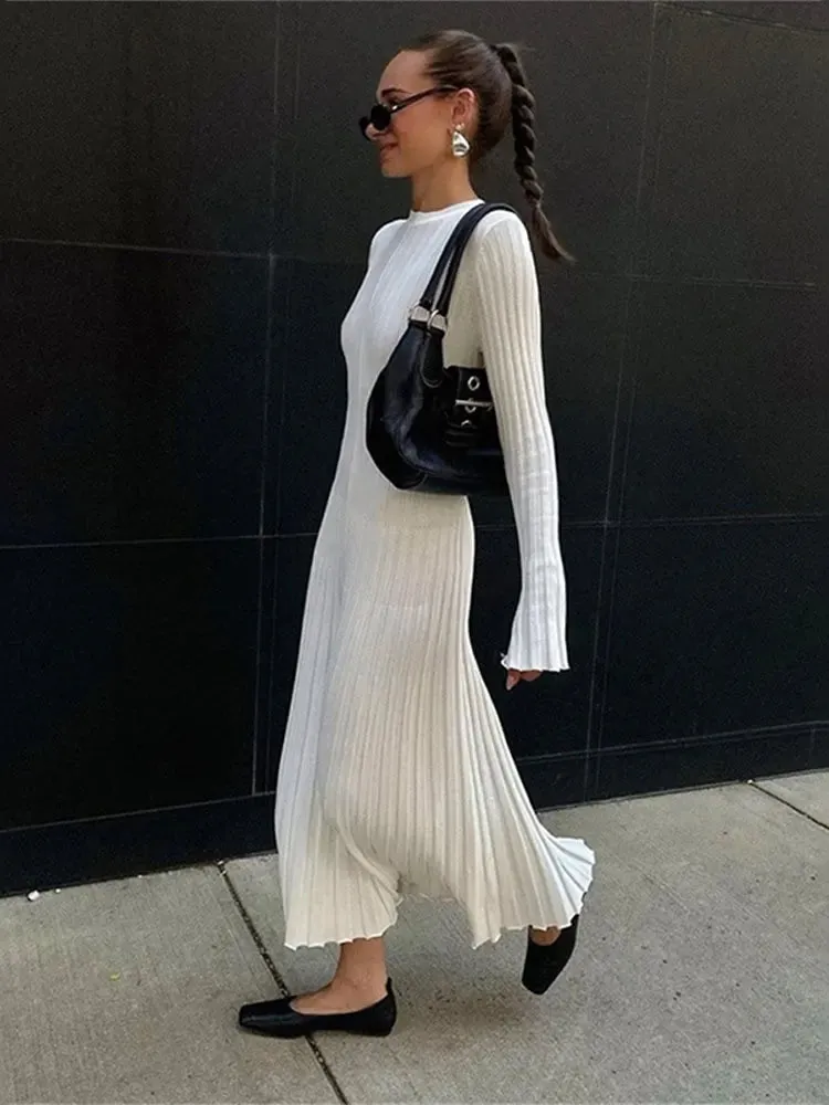 Fashion Solid Knitted Flare Long Sleeve Slim Dress