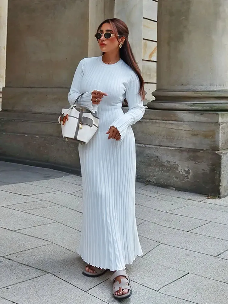 Fashion Solid Knitted Flare Long Sleeve Slim Dress