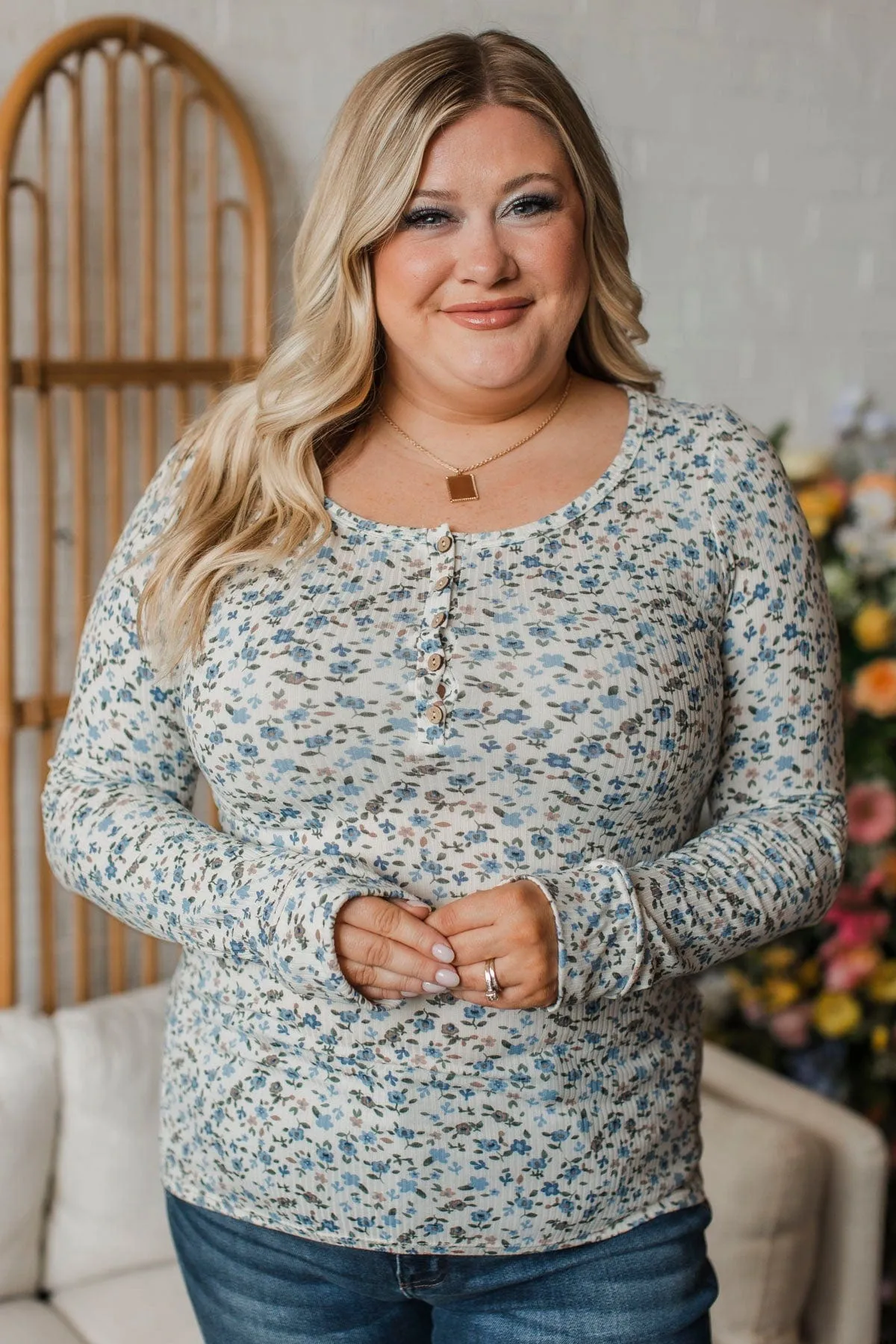 Feels Like Fate Floral Henley Top- Ivory & Blue