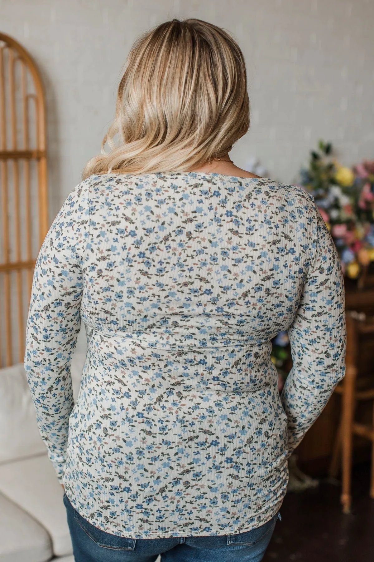 Feels Like Fate Floral Henley Top- Ivory & Blue