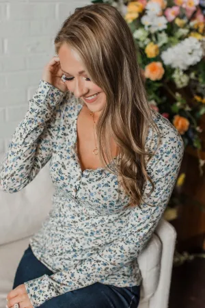 Feels Like Fate Floral Henley Top- Ivory & Blue