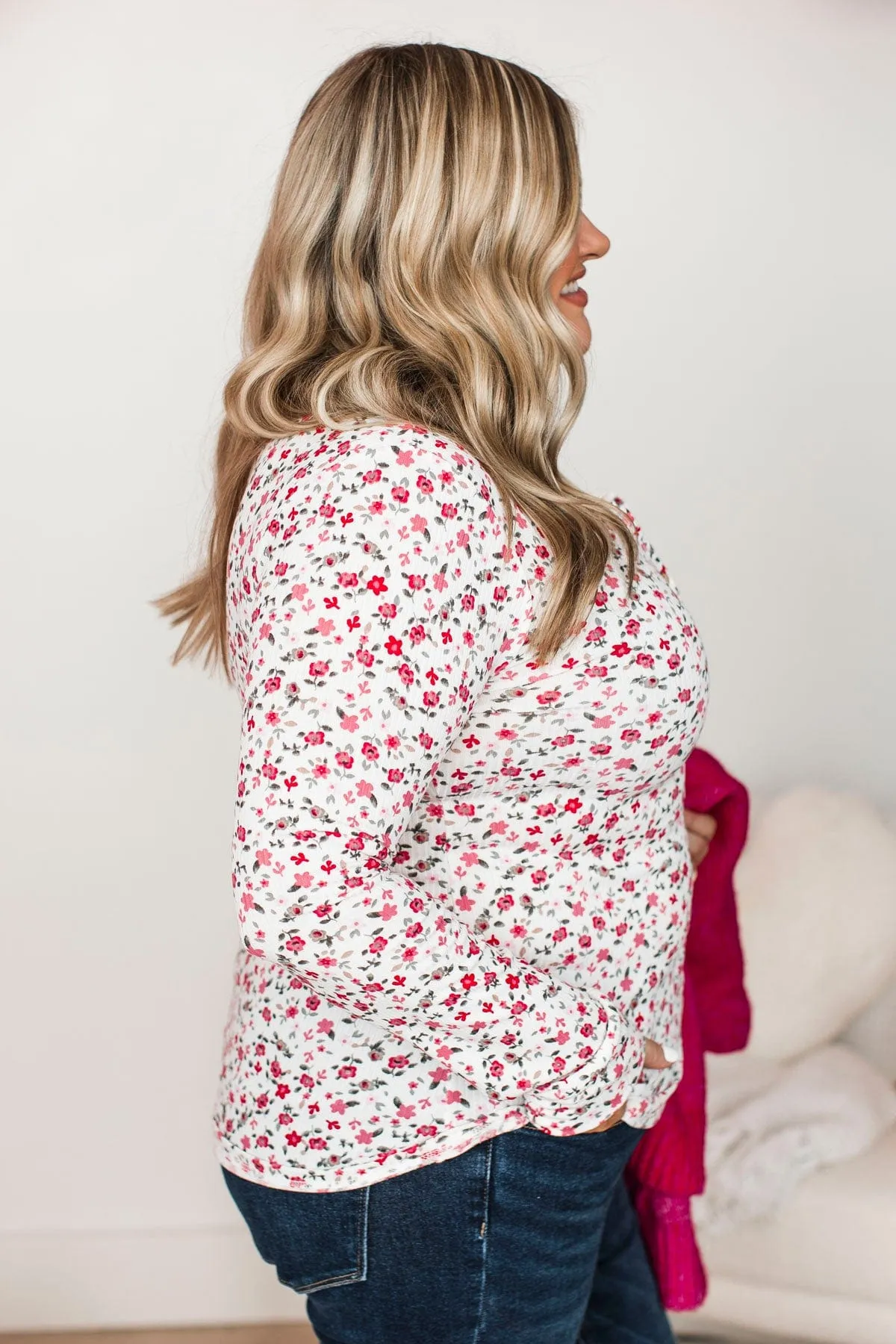 Feels Like Fate Floral Henley Top- Ivory & Pink