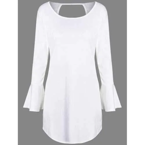 Flare Long Sleeve Backless Tunic Dress - White Xl