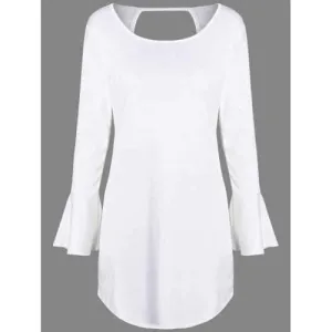 Flare Long Sleeve Backless Tunic Dress - White Xl