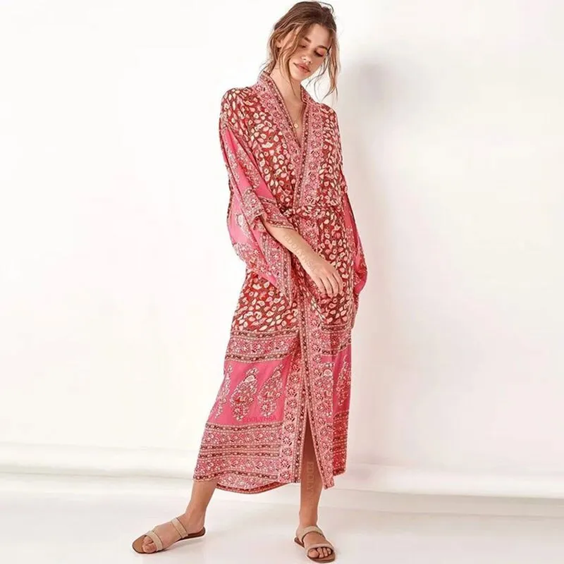 Floral Printed Front Open Summer Women Beach Wear Wrap Dress Chiffon Tunic Sexy Sarongs Robe De Plage Pareo Q751