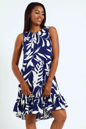 Frill Hem Hi-Lo Printed Shift Dress - Navy/White