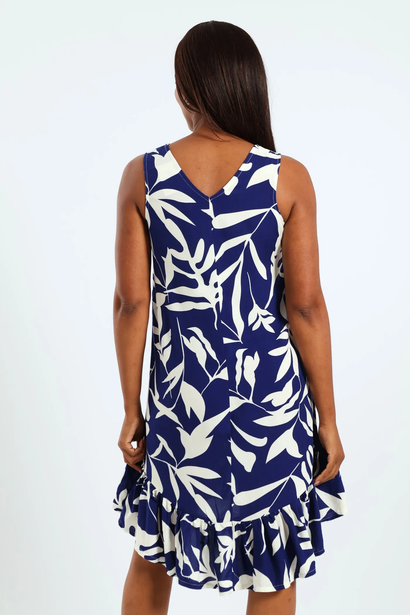 Frill Hem Hi-Lo Printed Shift Dress - Navy/White
