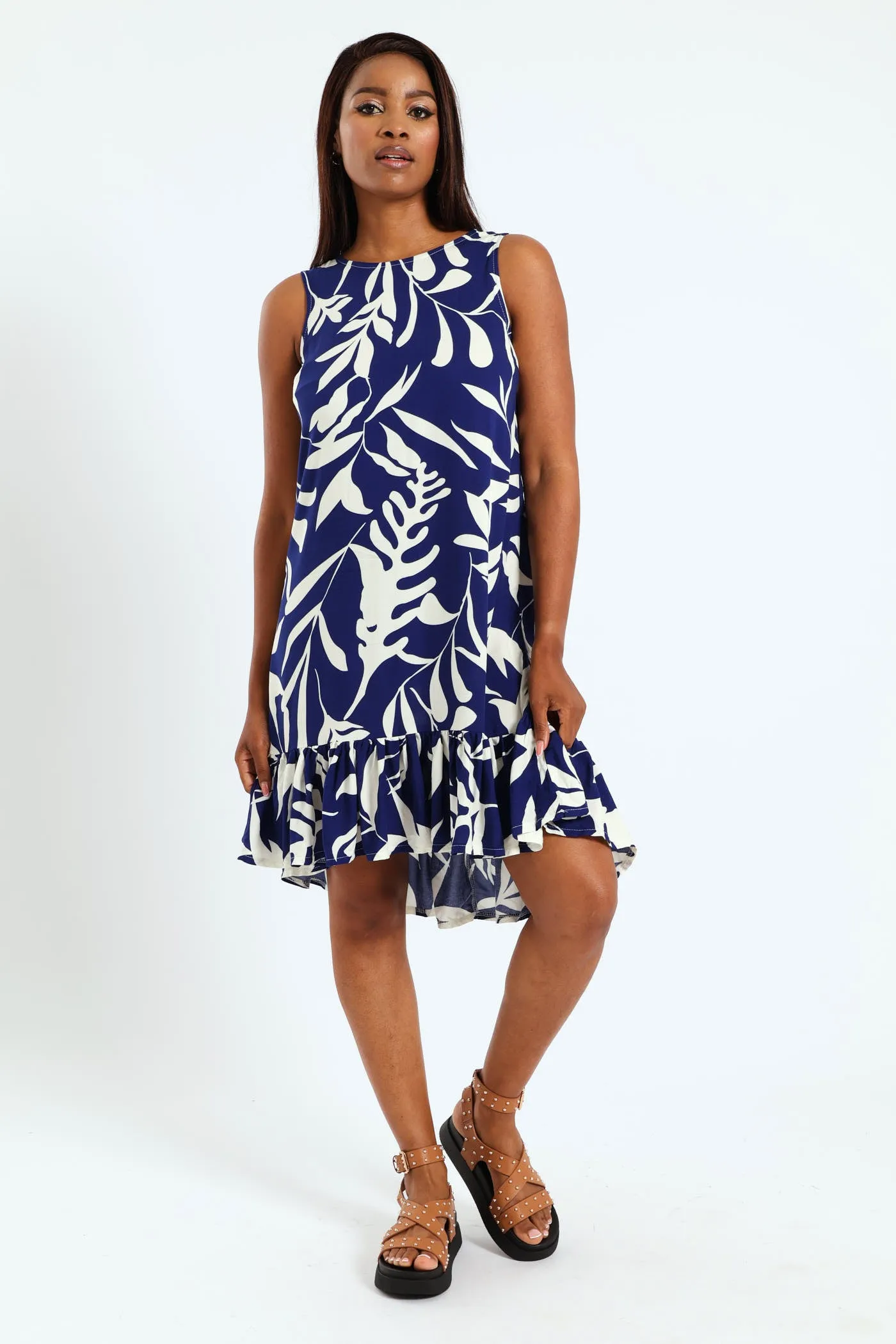 Frill Hem Hi-Lo Printed Shift Dress - Navy/White