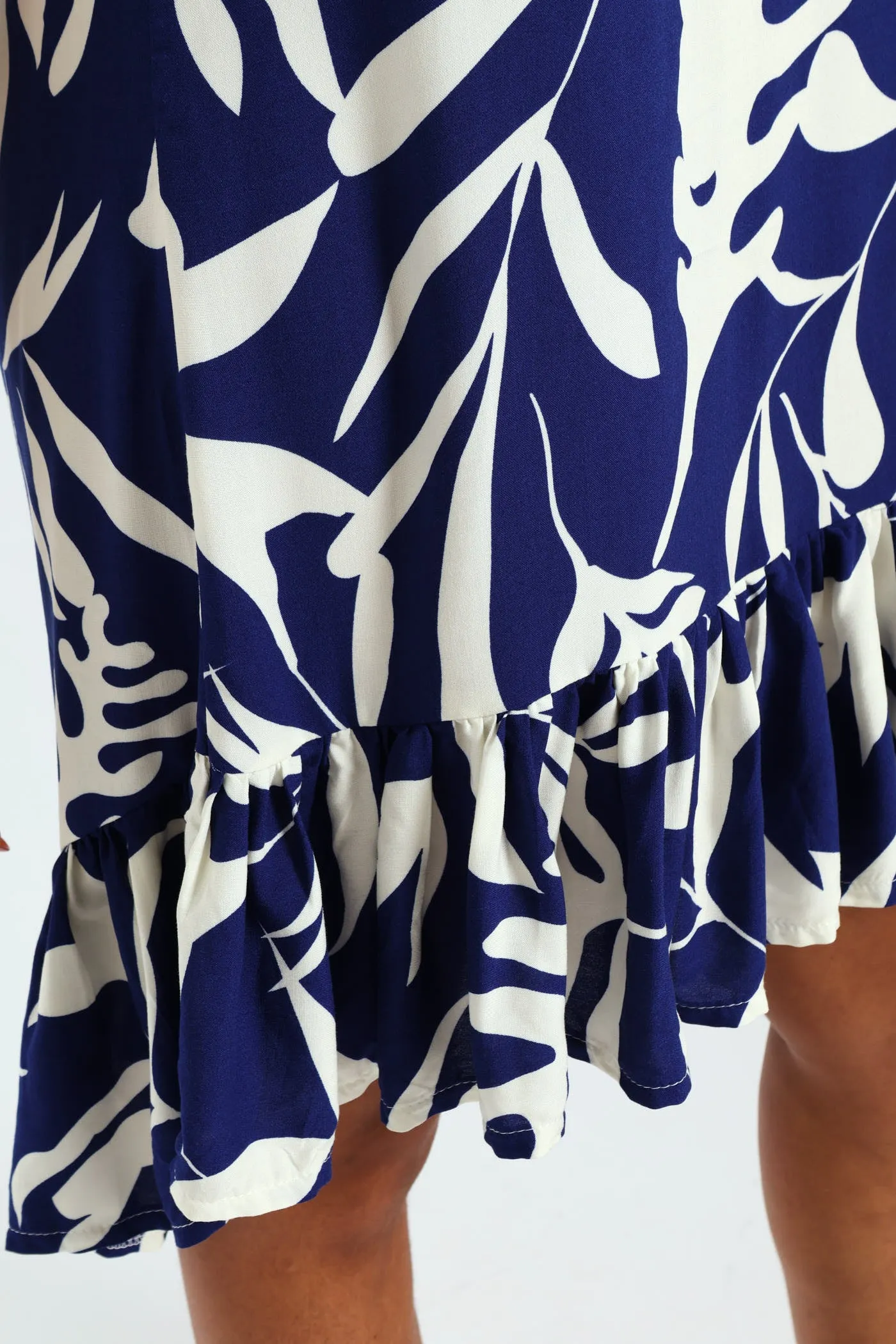 Frill Hem Hi-Lo Printed Shift Dress - Navy/White