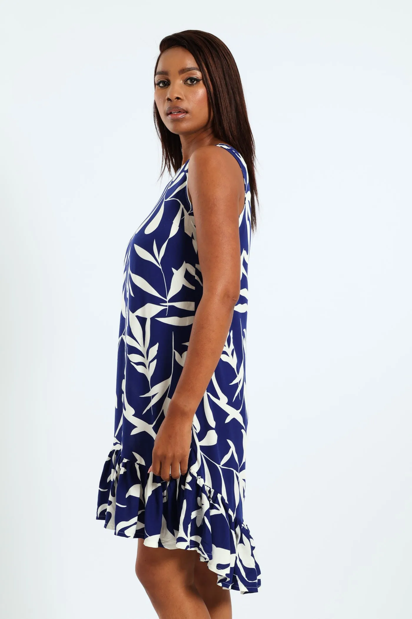 Frill Hem Hi-Lo Printed Shift Dress - Navy/White
