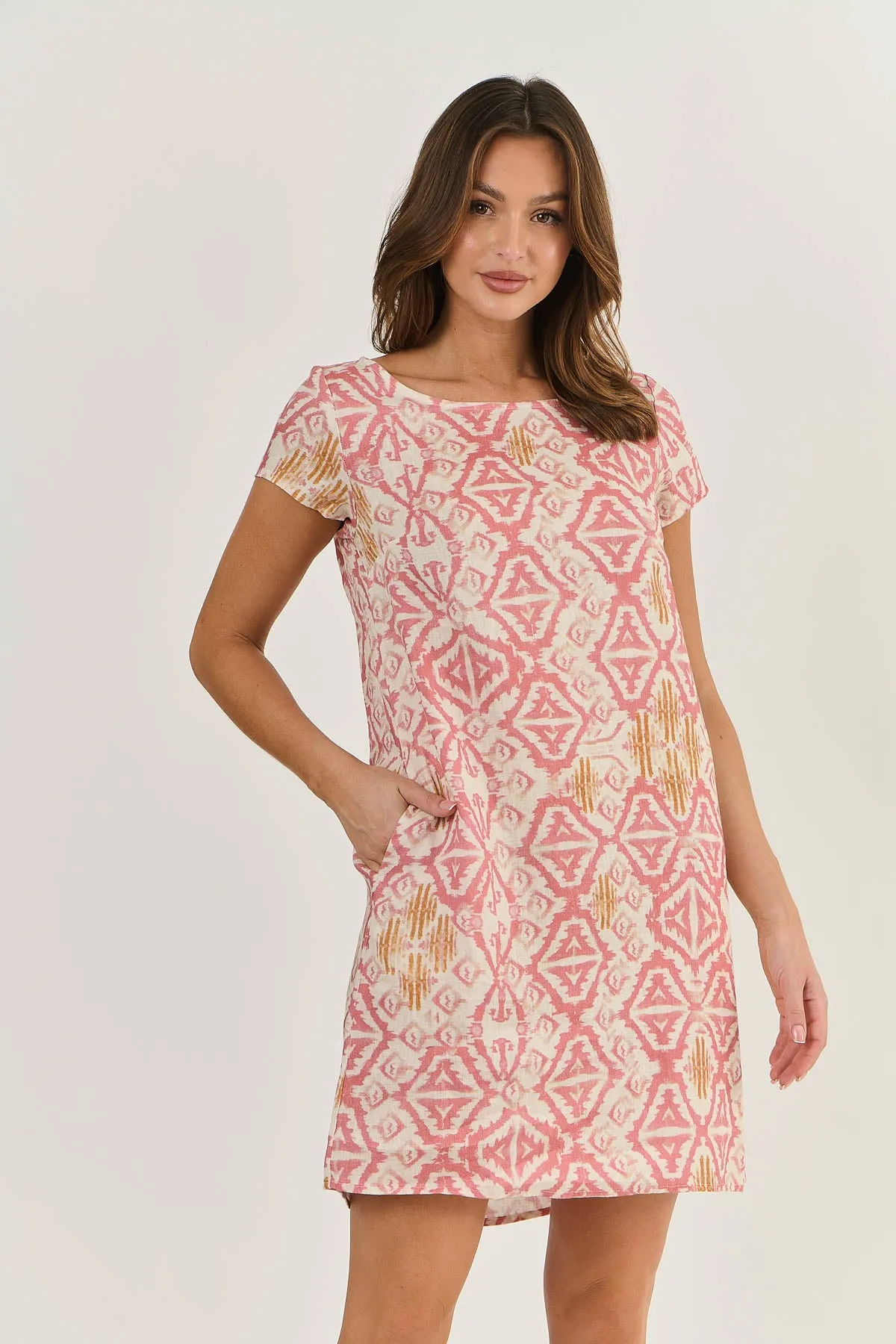 GA237 Linen Mini Shift Dress - Ikat