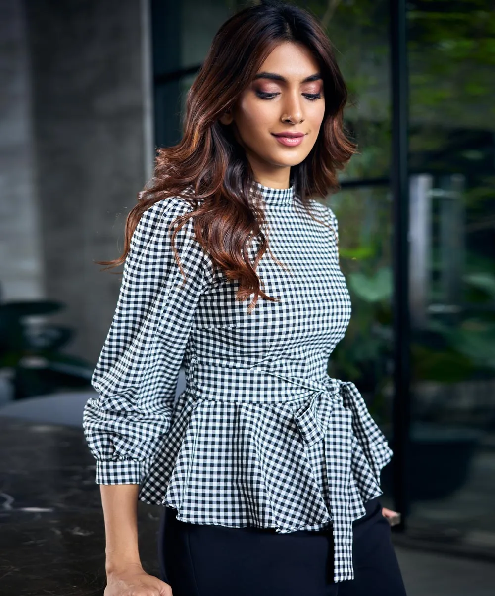 Gingham Waist Tie Peplum Top
