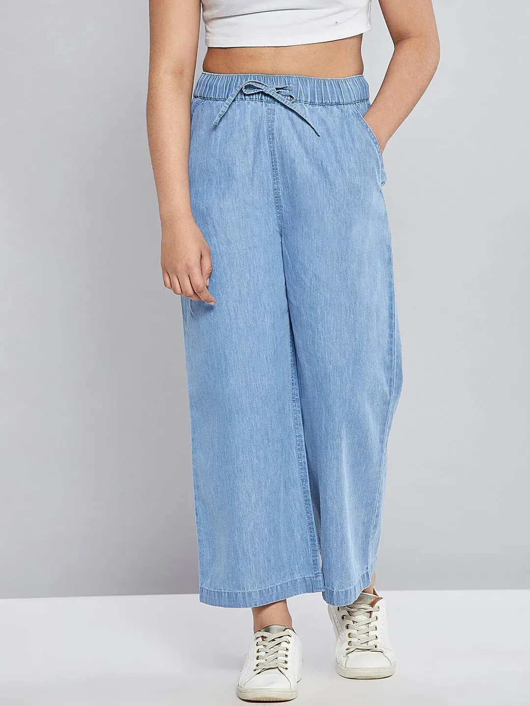 Girls Blue Tencel Wide Leg Drawstring Pants