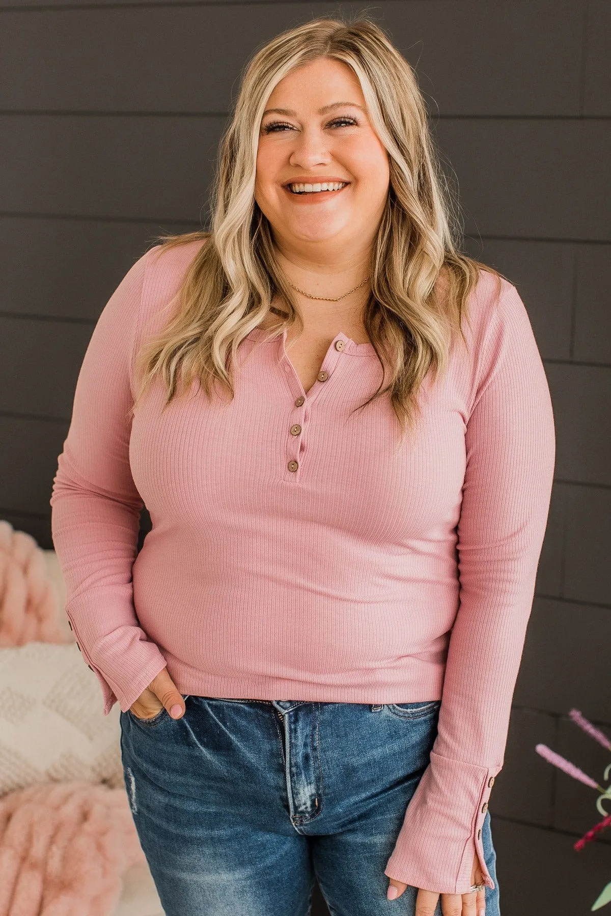 Give Your Best Long Sleeve Henley Top- Light Pink