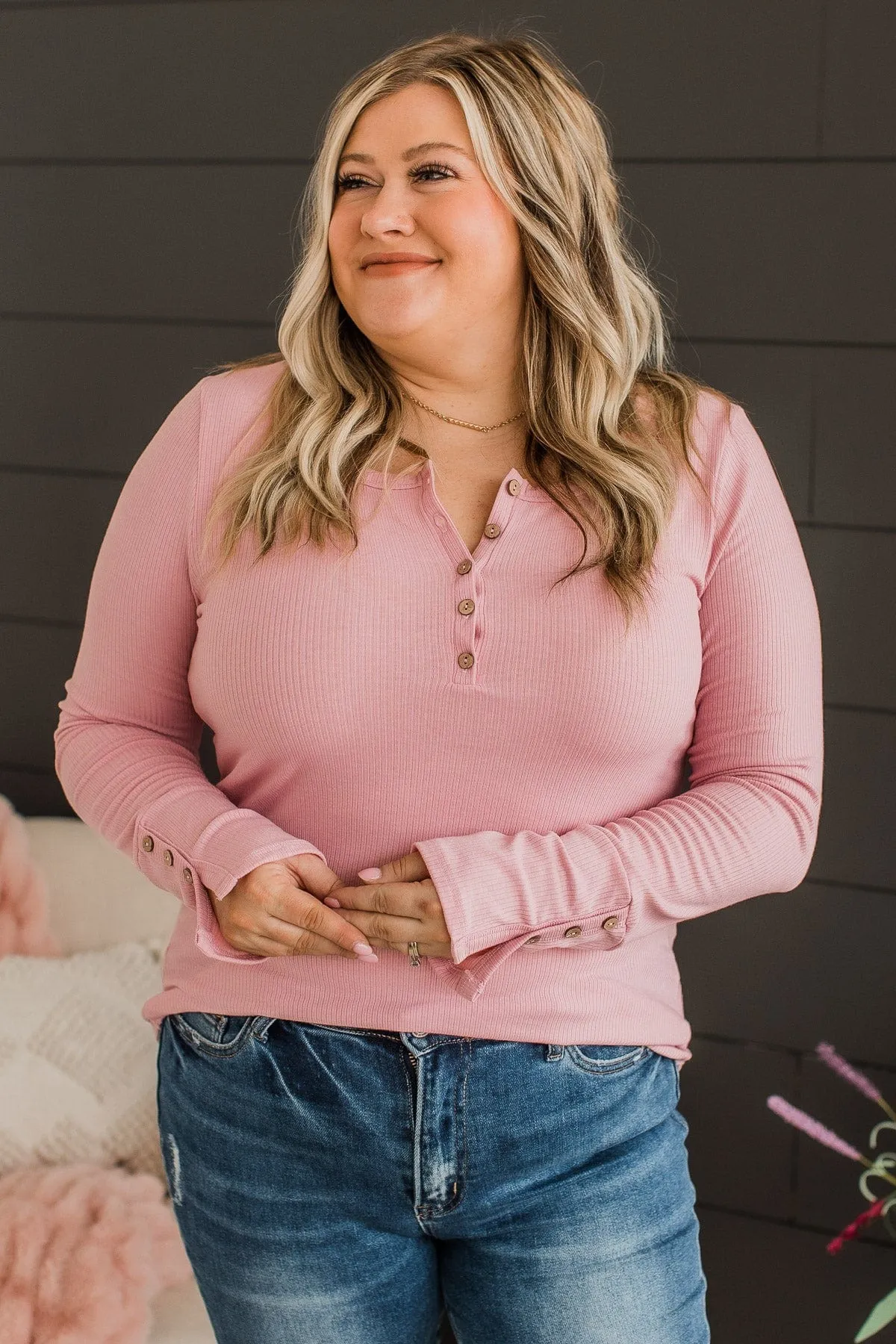 Give Your Best Long Sleeve Henley Top- Light Pink