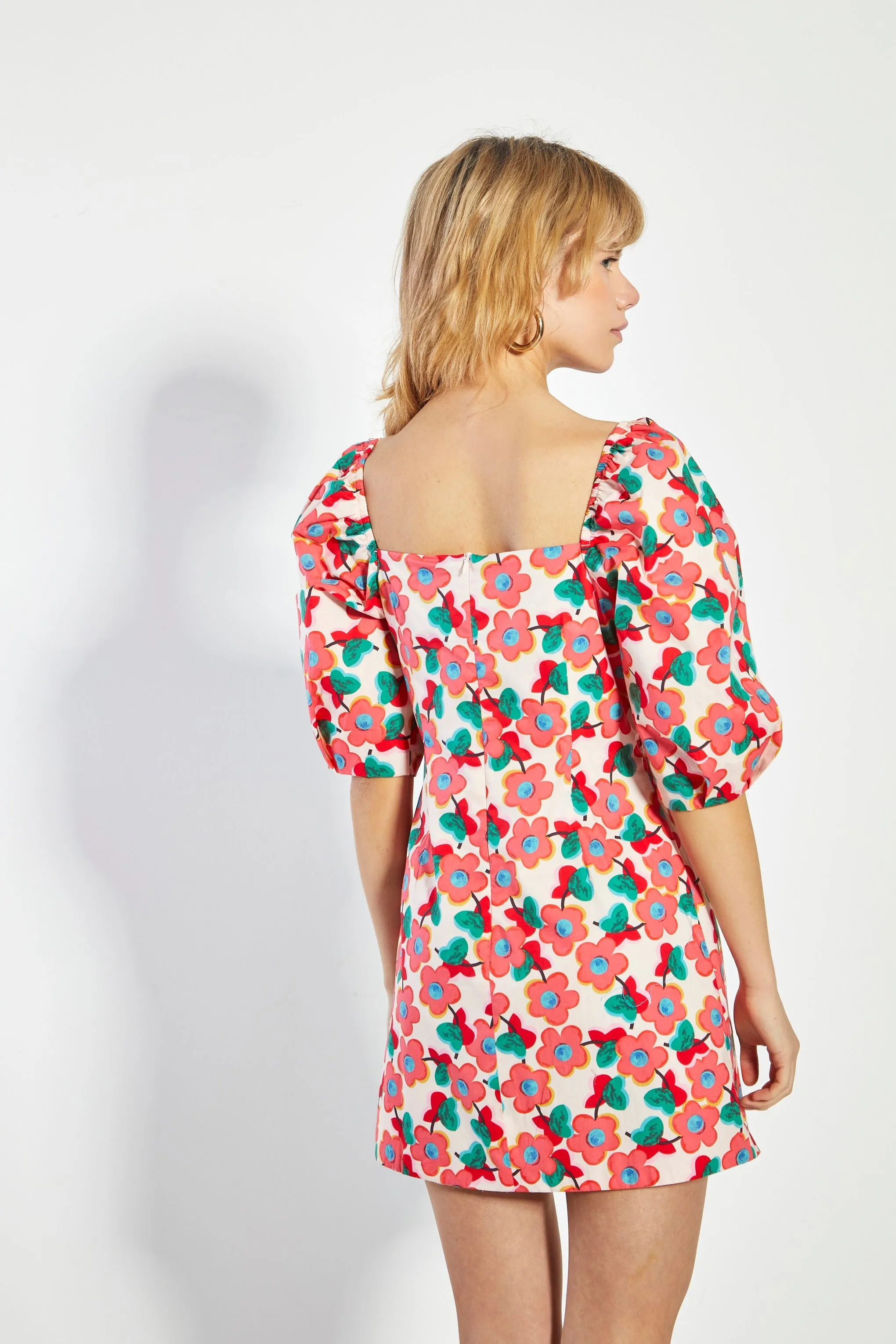Glamorous Pink Floral Puff Shoulder Mini Dress