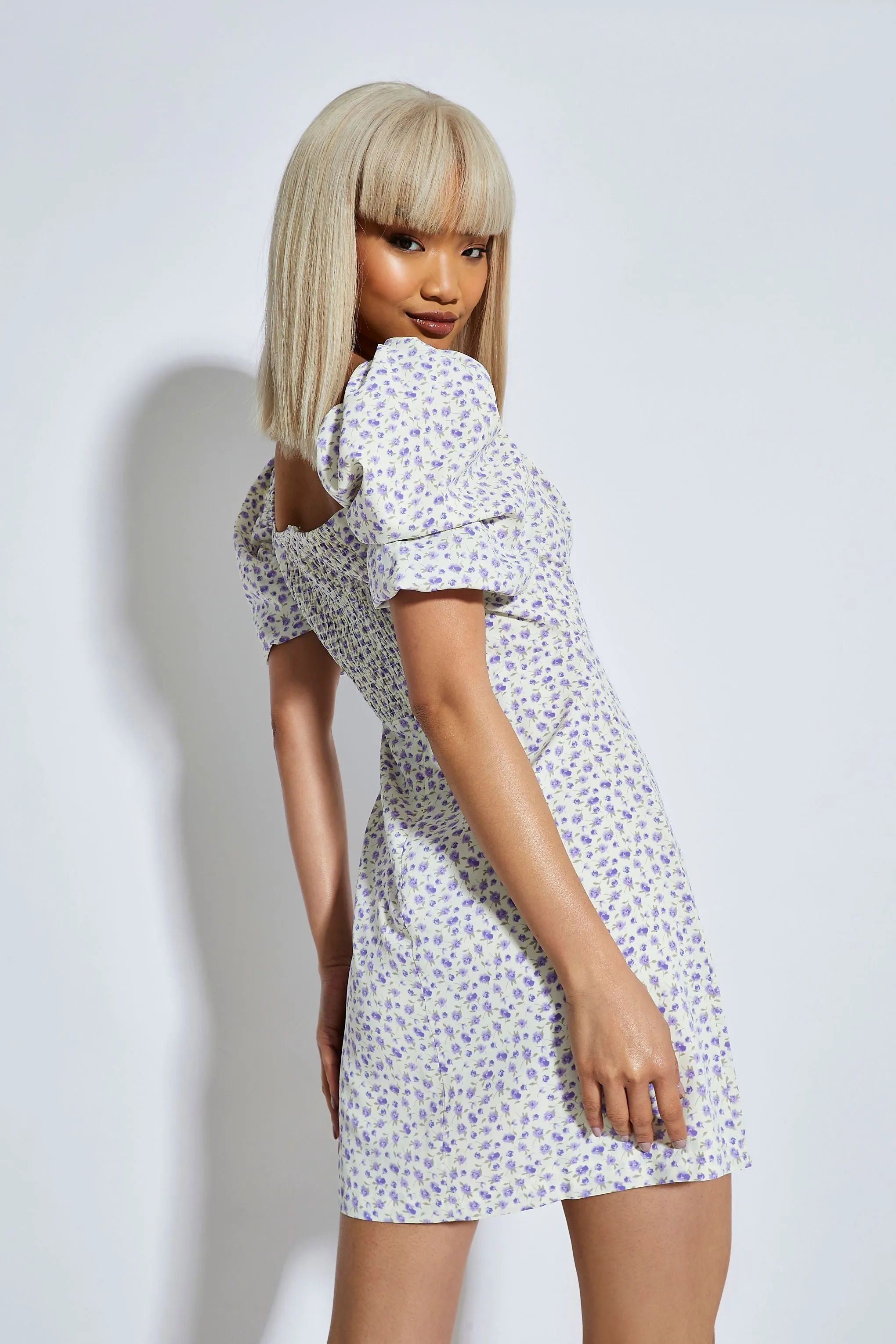 Glamorous Purple Floral Ditsy Bardot Puff Shoulder Mini Dress