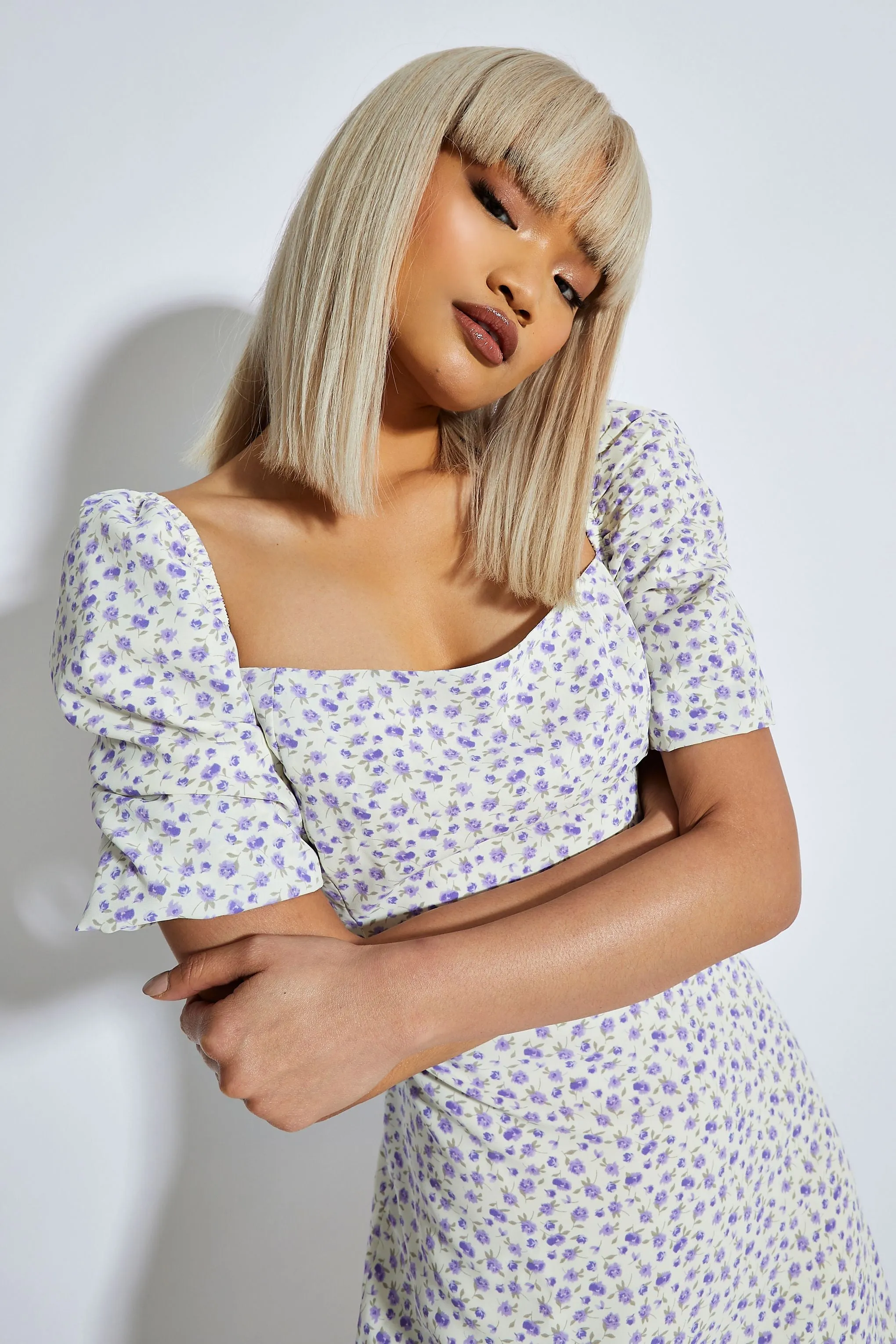 Glamorous Purple Floral Ditsy Bardot Puff Shoulder Mini Dress