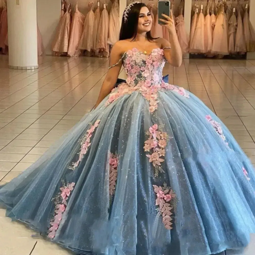 Glittering Luxury Quinceanera Dresses with Bow 3D flowers Off Shoulder Vestidos De 15 Anos Birthday Party Prom Gown