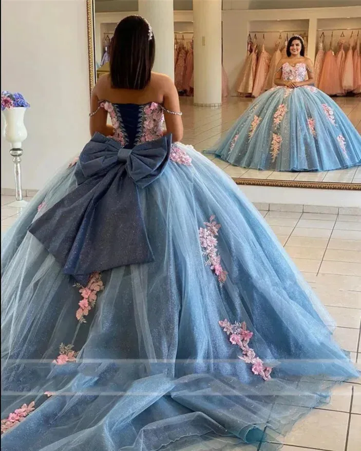 Glittering Luxury Quinceanera Dresses with Bow 3D flowers Off Shoulder Vestidos De 15 Anos Birthday Party Prom Gown