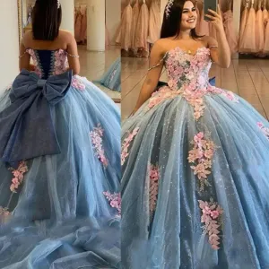 Glittering Luxury Quinceanera Dresses with Bow 3D flowers Off Shoulder Vestidos De 15 Anos Birthday Party Prom Gown