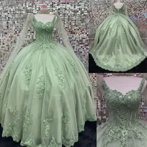 Glittering Sage Green Quinceanera Dresses Flower Beading Lace Appliques Princess Birthday Party Vestidos De 15 Años