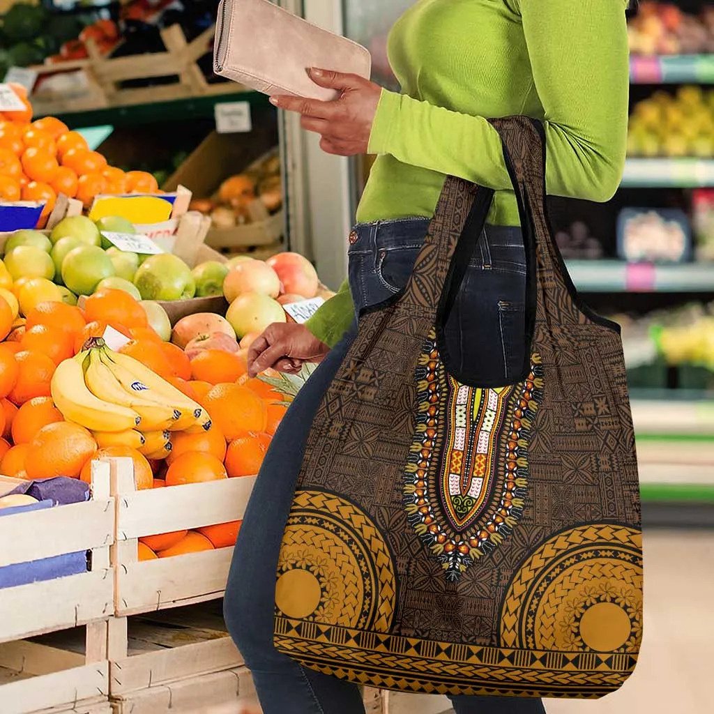 Gold Dashiki and Tapa Pattern Grocery Bag Africa-Polynesia Together Culture LT9