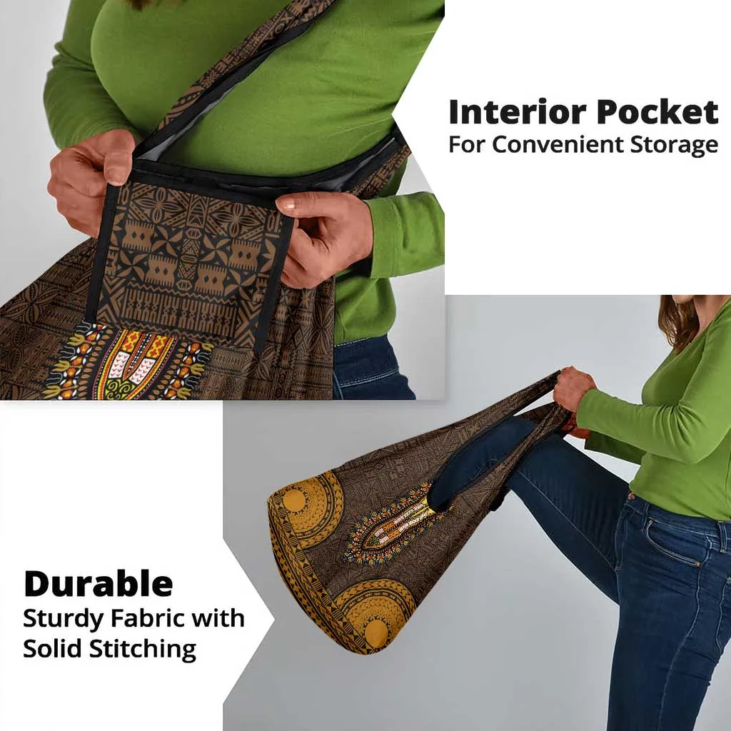 Gold Dashiki and Tapa Pattern Grocery Bag Africa-Polynesia Together Culture LT9