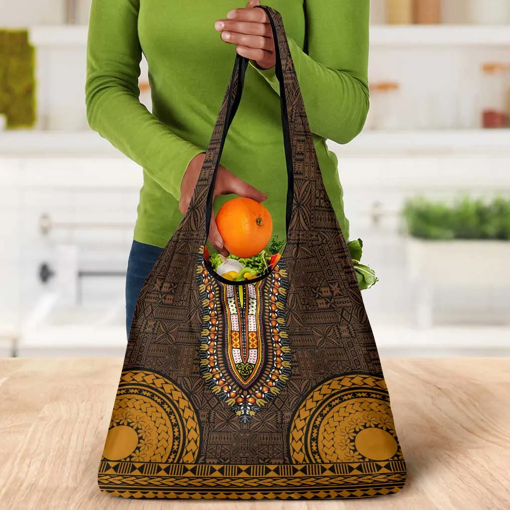 Gold Dashiki and Tapa Pattern Grocery Bag Africa-Polynesia Together Culture LT9