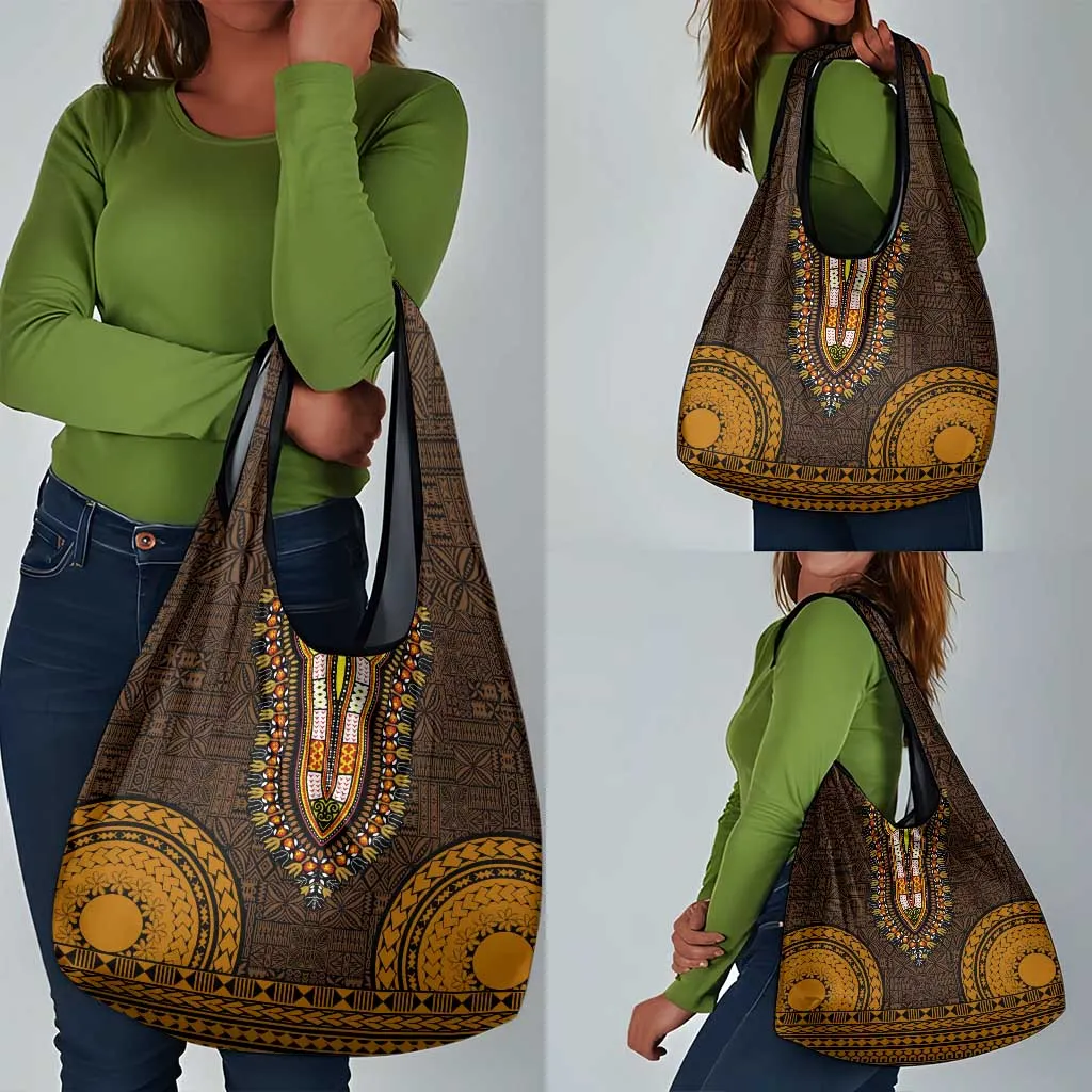 Gold Dashiki and Tapa Pattern Grocery Bag Africa-Polynesia Together Culture LT9