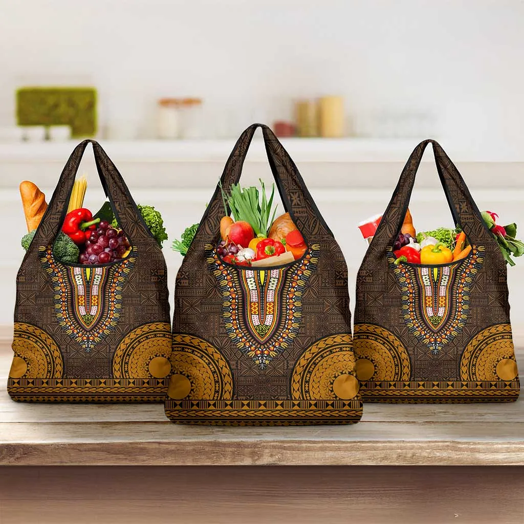 Gold Dashiki and Tapa Pattern Grocery Bag Africa-Polynesia Together Culture LT9